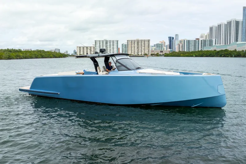 Exit Strategy Yacht Photos Pics 2023 Pardo Yachts 50 cruising in urban waterfront setting.