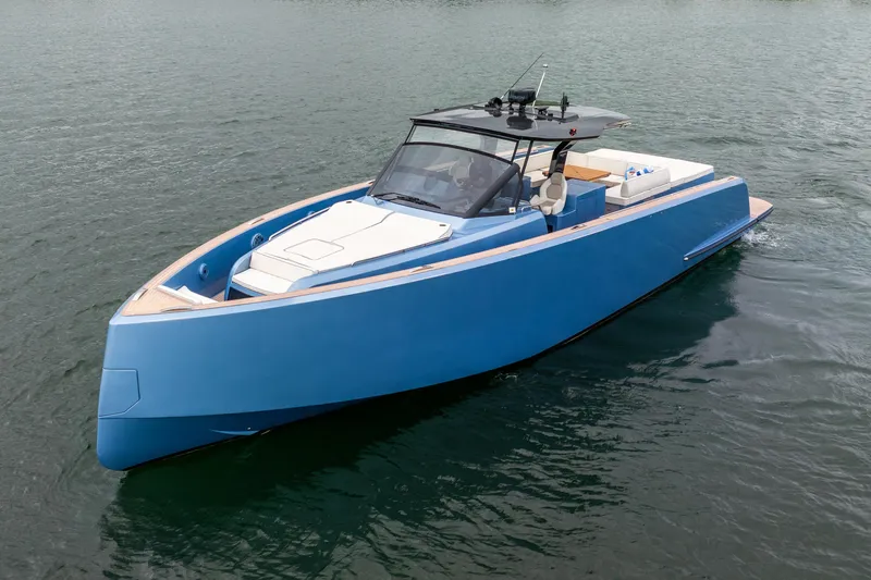 Exit Strategy Yacht Photos Pics 2023 Pardo Yachts 50, sleek blue design, cruising on calm water.