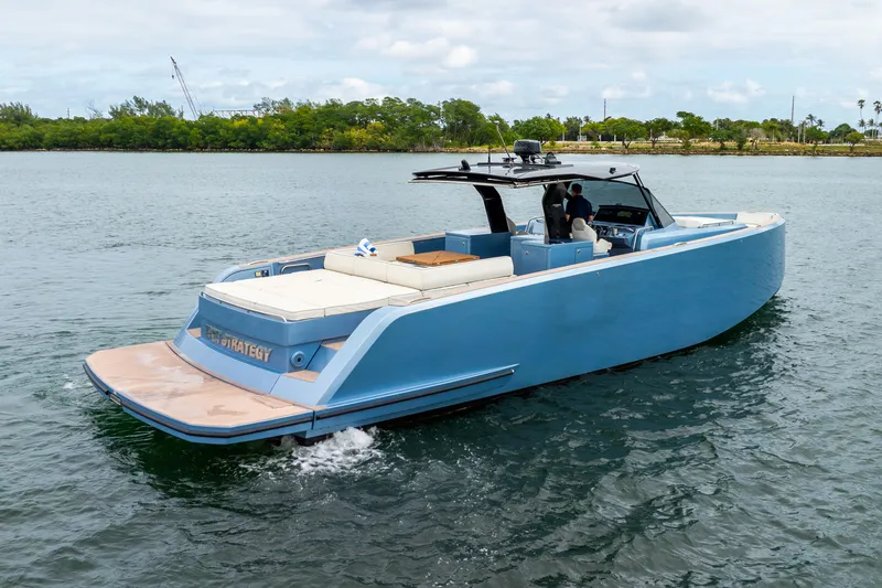 Exit Strategy Yacht Photos Pics 2023 Pardo Yachts 50 cruising on calm waters, showcasing sleek design and luxury features.
