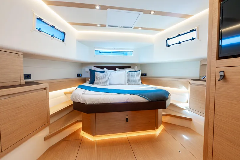 Exit Strategy Yacht Photos Pics Luxurious interior of 2023 Pardo Yachts 50 with modern design and ambient lighting.