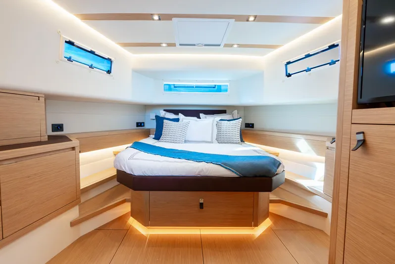 Exit Strategy Yacht Photos Pics Luxurious cabin interior of 2023 Pardo Yachts 50 with modern design and ambient lighting.