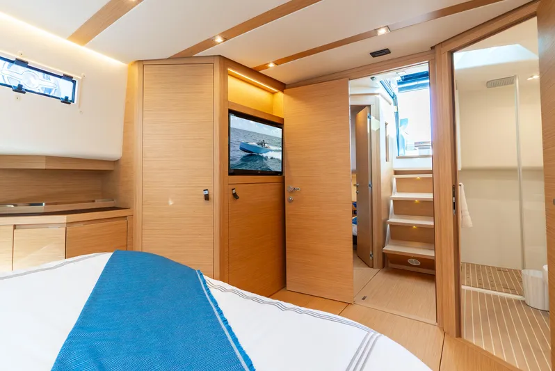 Exit Strategy Yacht Photos Pics Luxurious interior of 2023 Pardo Yachts 50, featuring modern wood finishes and elegant design.