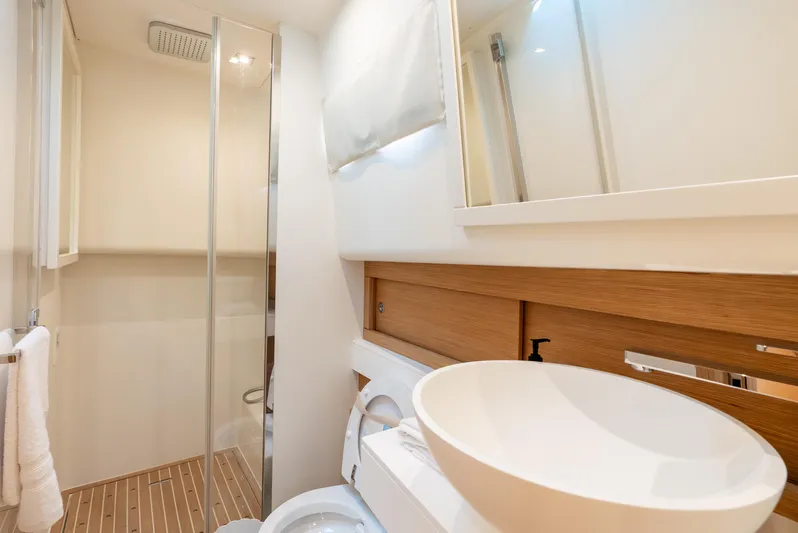 Exit Strategy Yacht Photos Pics Luxurious bathroom in 2023 Pardo Yachts 50, featuring modern fixtures and elegant design.