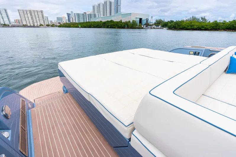 Exit Strategy Yacht Photos Pics Luxury Pardo Yachts 50, 2023 model, with spacious deck and waterfront city view.