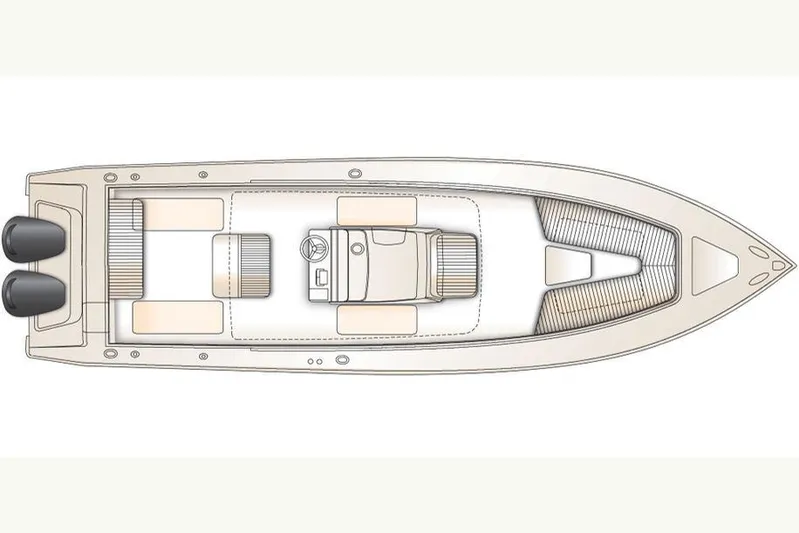 Every Effort Yacht Photos Pics Top view layout of a 2008 Jupiter 34 FS boat with twin engines.