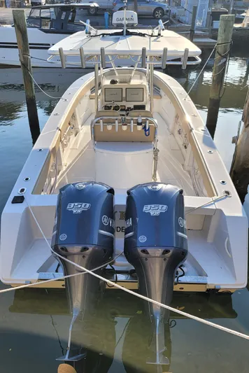 Every Effort Yacht Photos Pics 2008 Jupiter 34 FS boat with twin Yamaha 350 engines docked at marina.