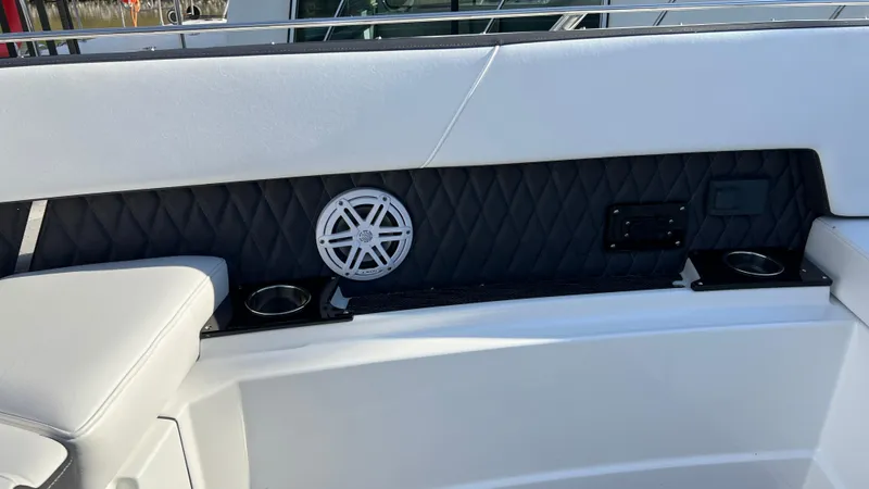  Yacht Photos Pics 2021 Monterey 385 SE boat interior with speaker and cup holders.