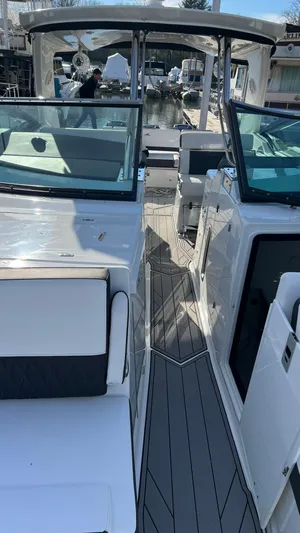  Yacht Photos Pics 2021 Monterey 385 SE boat interior with sleek seating and modern design.