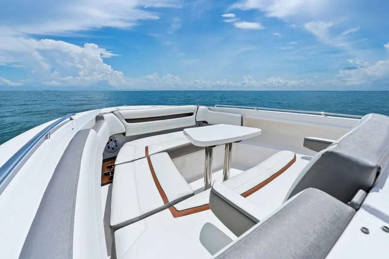  Yacht Photos Pics 2023 Tiara Yachts 38 LS luxury seating area with ocean view.