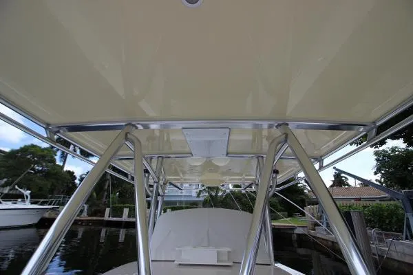 Every Effort Yacht Photos Pics 2008 Jupiter 34 FS boat with T-top and stainless steel frame.