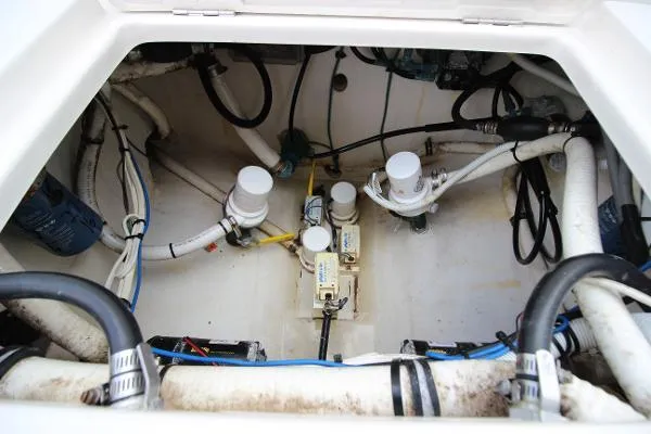 Every Effort Yacht Photos Pics 2008 Jupiter 34 FS boat engine compartment with wiring and plumbing.