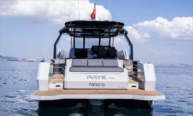 Therapy 1 Yacht Photos Pics 2024 Fabbro F45 yacht on water, rear view with open deck and clear sky.