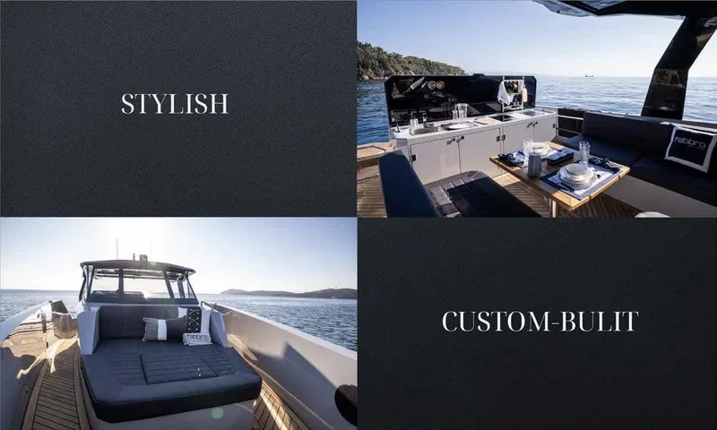 Therapy 1 Yacht Photos Pics Stylish and custom-built Fabbro F45 yacht, 2024 model, showcasing luxurious outdoor seating.