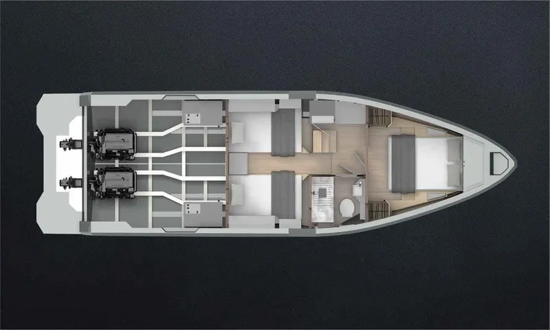 Therapy 1 Yacht Photos Pics Top view of 2024 Fabbro F45 boat interior layout, featuring engines and cabins.