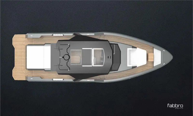 Therapy 1 Yacht Photos Pics Top view of 2024 Fabbro F45 yacht, showcasing sleek design and spacious deck layout.