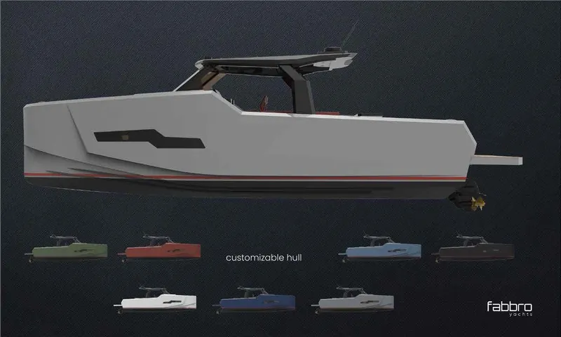 Therapy 1 Yacht Photos Pics 2024 Fabbro F45 boat with customizable hull colors displayed.