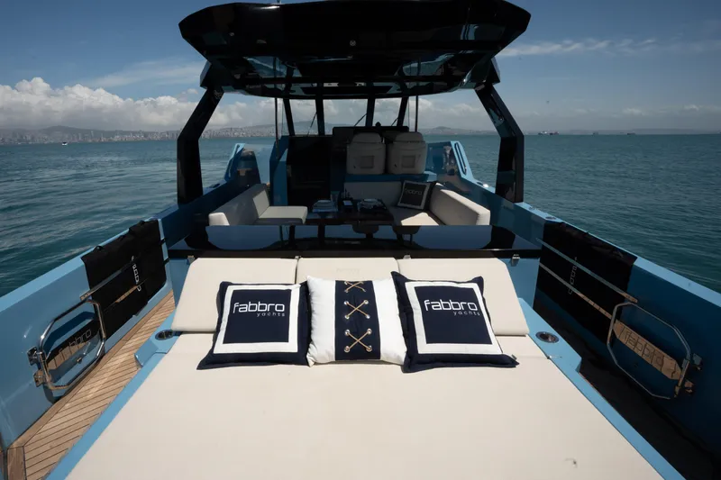 Therapy 1 Yacht Photos Pics Luxurious 2024 Fabbro F45 yacht interior with plush seating and ocean view.