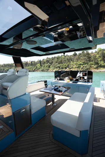 Therapy 1 Yacht Photos Pics Luxurious 2024 Fabbro F45 yacht interior with sleek seating and modern amenities.