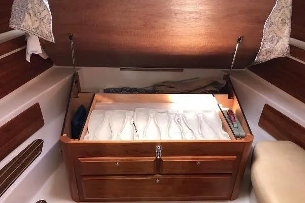  Yacht Photos Pics Wooden storage compartment in 2018 Back Cove Downeast 37 boat interior.
