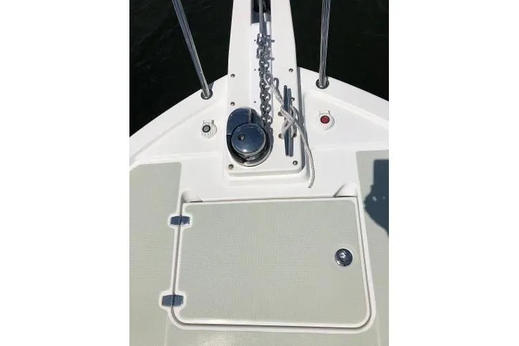  Yacht Photos Pics Bow deck of 2018 Back Cove Downeast 37 with anchor chain and hatch.