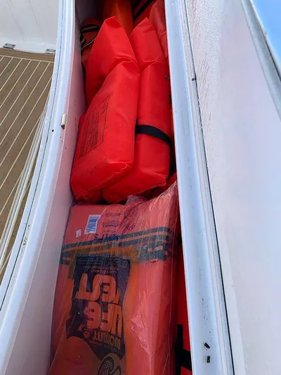  Yacht Photos Pics Life jackets stored on a 2016 Buddy Davis 28 Center Console boat.