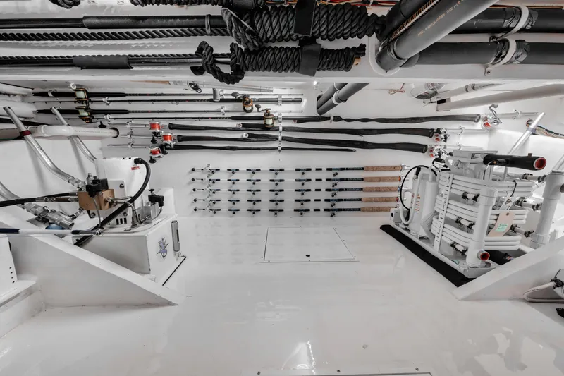 High Cotton Yacht Photos Pics 2015 Viking 92 EB HIGH COTTON- Rod Storage