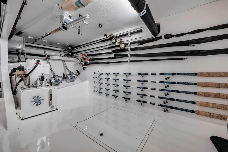 High Cotton Yacht Photos Pics 2015 Viking 92 EB HIGH COTTON- Rod Storage