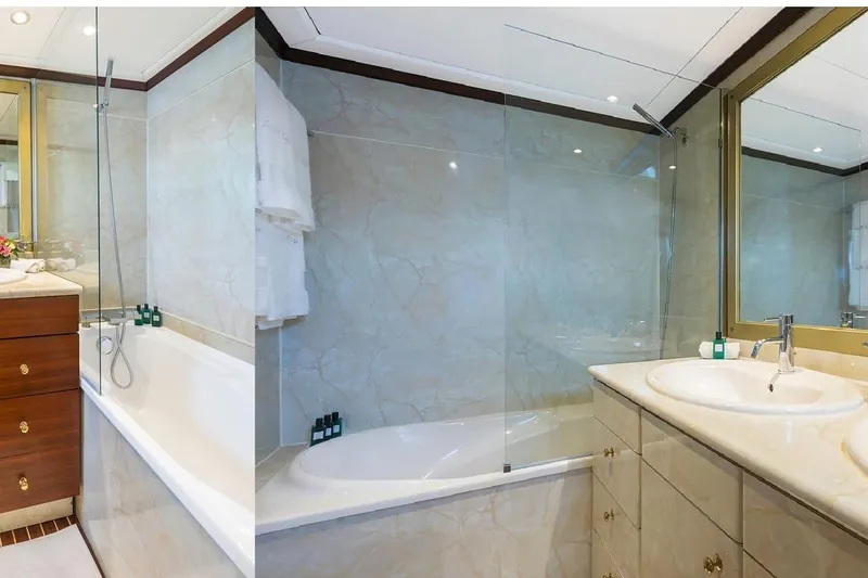Le Kir Royal Yacht Photos Pics Luxurious yacht bathroom with marble finishes, bathtub, and elegant vanity, 1966 Full Displacement Motor Yacht.