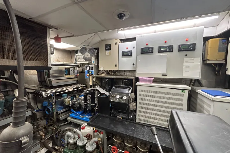 Le Kir Royal Yacht Photos Pics Engine room of a 1966 Van den Akker Displacement vessel with control panels and machinery.