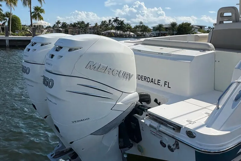  Yacht Photos Pics 2017 Boston Whaler 330 Outrage with twin Mercury Verado engines, docked in Fort Lauderdale.