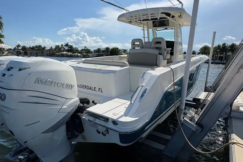  Yacht Photos Pics 2017 Boston Whaler 330 Outrage boat docked with Mercury engine, Fort Lauderdale.
