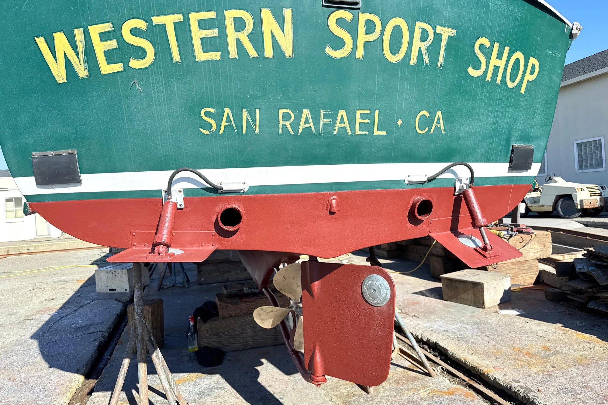 1974 Dyer 29' Sport Fisher boat in dry dock, San Rafael, CA.