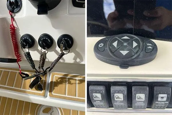 Gyn Tonic Yacht Photos Pics Control panel of a 2018 Hydra-Sports 3000 CC boat with switches and keys.