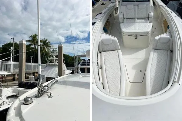 Gyn Tonic Yacht Photos Pics 2018 Hydra-Sports 3000 CC boat with white seating and docked at marina.