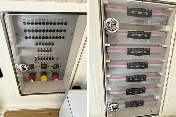 Gyn Tonic Yacht Photos Pics 2018 Hydra-Sports 3000 CC boat control panel and organized storage compartments.