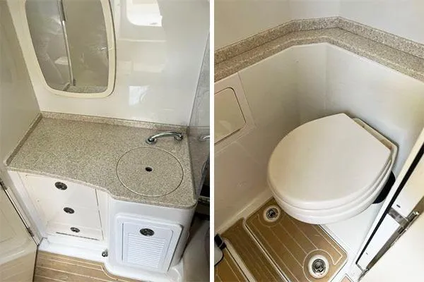 Gyn Tonic Yacht Photos Pics 2018 Hydra-Sports 3000 CC boat bathroom with sink and toilet, featuring modern design.