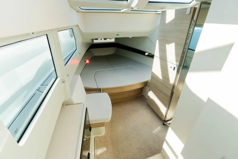  Yacht Photos Pics 2024 Saxdor 320 GTO cabin interior with modern design and natural lighting.