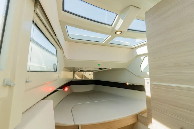  Yacht Photos Pics 2024 Saxdor 320 GTO cabin interior with skylights and modern design.