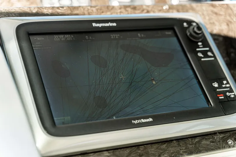 Atm 2013 Sea Ray 450 Sundancer @ Cancun Yacht Photos Pics Raymarine navigation display on 2013 Sea Ray 450 Sundancer yacht, showing marine chart details.