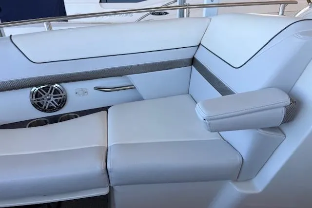  Yacht Photos Pics Luxurious seating on 2019 Formula 310 Bowrider I/O boat, featuring sleek white upholstery.