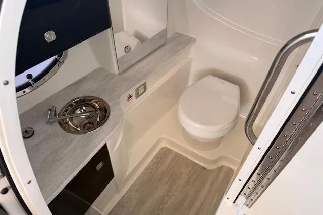  Yacht Photos Pics 2019 Formula 310 Bowrider I/O boat bathroom with sink and toilet.