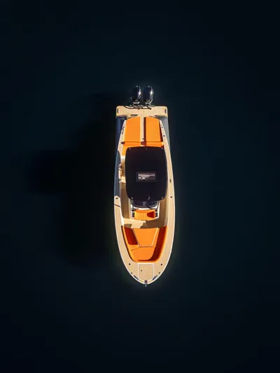  Yacht Photos Pics Aerial view of 2025 AlCustom LIPARI 31 boat on dark water.