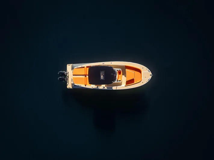  Yacht Photos Pics Aerial view of 2025 AlCustom LIPARI 31 boat on dark water.