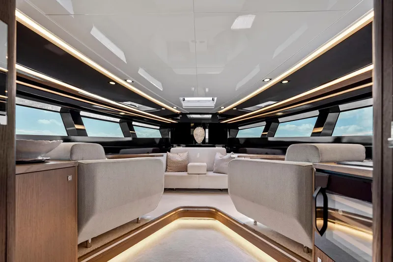 Libertas One Yacht Photos Pics Luxurious interior of 2021 Sichterman Libertas 54 yacht with modern seating and ambient lighting.