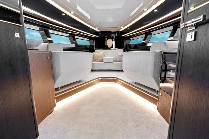Libertas One Yacht Photos Pics Luxurious interior of 2021 Sichterman Libertas 54 yacht with modern seating and ambient lighting.