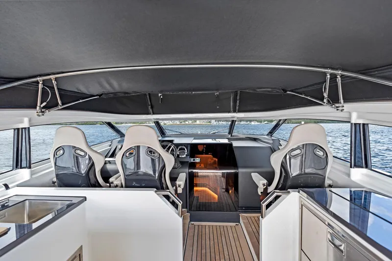 Libertas One Yacht Photos Pics Interior of 2021 Sichterman Libertas 54 yacht with modern seating and sleek design.