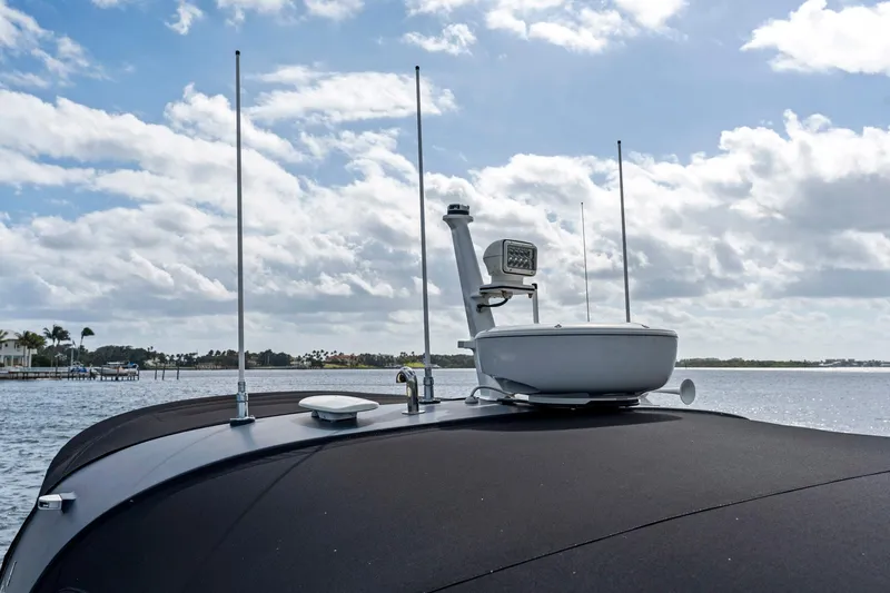 Libertas One Yacht Photos Pics Sichterman Libertas 54 yacht roof with antennas, 2021 model, under a cloudy sky.