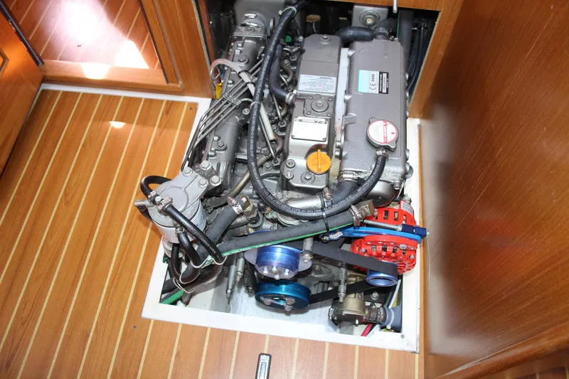 Hannah Yacht Photos Pics Engine compartment of a 2011 Catalina 445 sailboat, showcasing detailed mechanical components.