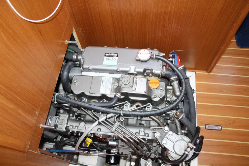 Hannah Yacht Photos Pics Engine compartment of a 2011 Catalina 445 sailboat, showcasing detailed mechanical components.