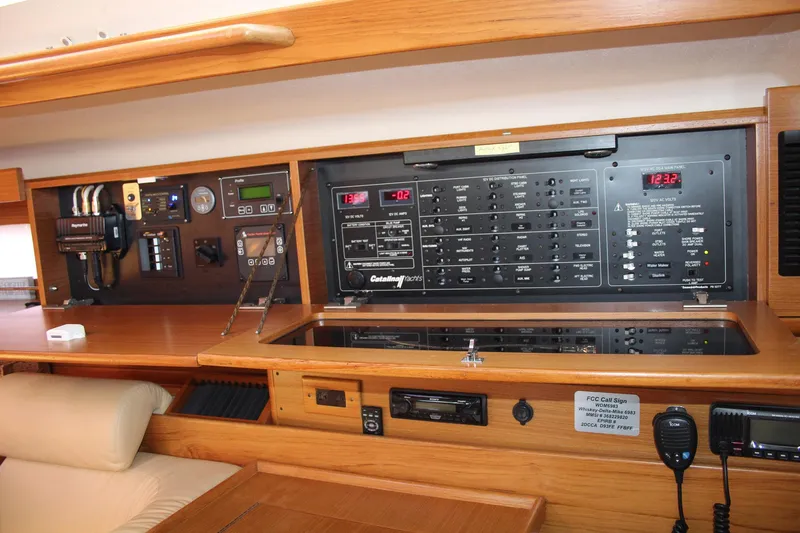 Hannah Yacht Photos Pics Control panel of a 2011 Catalina 445 yacht, featuring navigation and electrical systems.